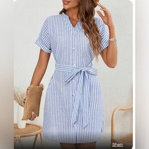SHEIN Striped notched Collar Button Front Dress